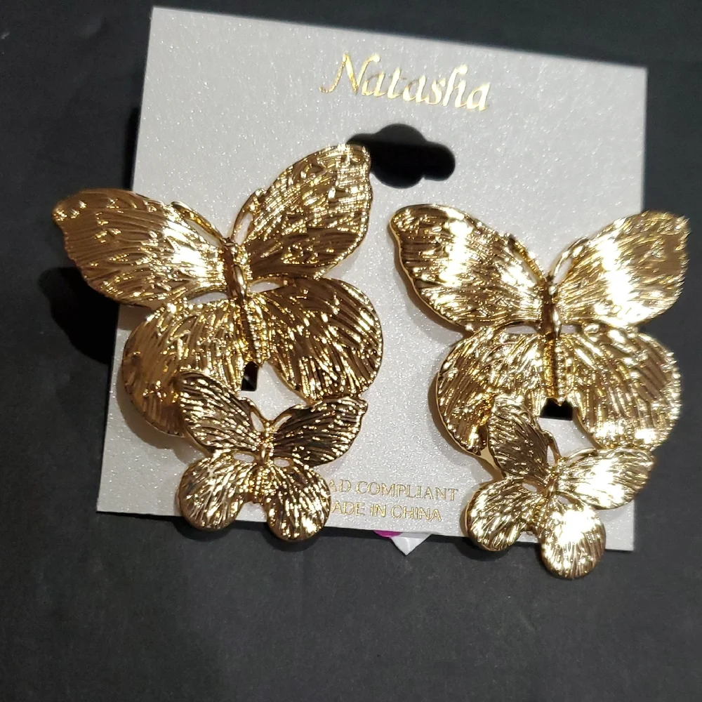 Natasha couture gold tone 2 stacked butterfly latchback‎ earrings brand new
